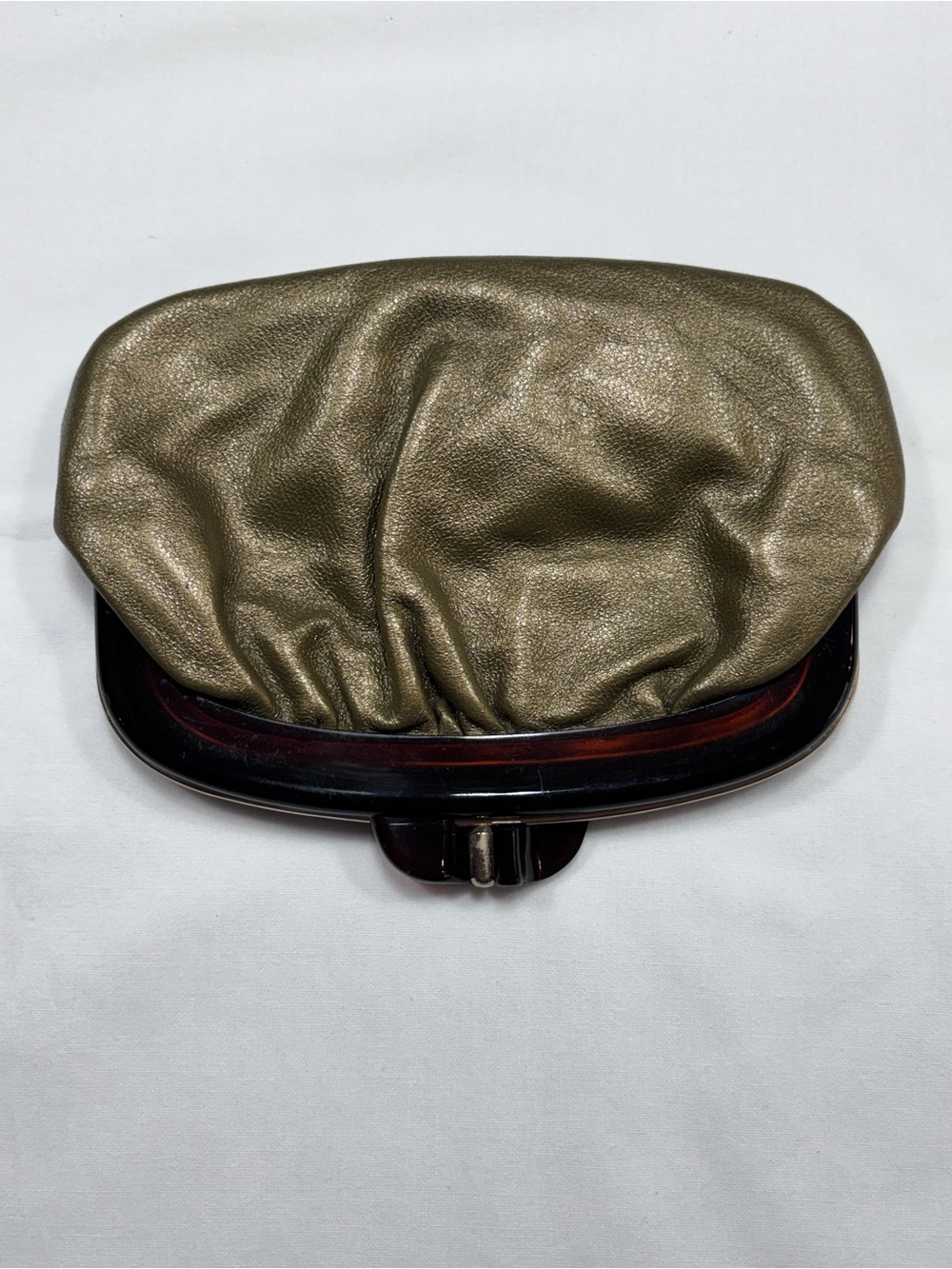 Vintage Italian Genuine Leather Metallic Gold Kiss-Lock Clutch Purse - Picture 5 of 16
